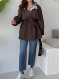 2025 Women's Long-Sleeved Solid Color Tie Button Stormcoat