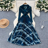 Light Luxury Elegant Dress Women's Fashion Collar Double Buckle Waist Long Sleeve Splicing Print 100 Folds Long Skirt