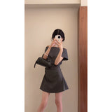 Grey High-End Sense Word-Collar Short-Sleeved Dress Woman 2025 Summer Temperament Set Niche Waist A Word Skirt