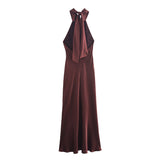 Women's Clothing 2025 Spring Festive Dress Hanging Neck Collar Silk Texture Dew Back Dress