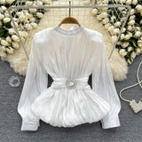 High-Level French-Style Waist-Low-Down Shirt Female Careful Machine Strap Design With A Chic Folded Lotus Leaves Hem French Top