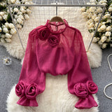French Shirt Female Design Sense Small Three-Dimensional Flower Bubble Sleeves To Reduce The Age Of Pure Color Chiffon Shirt Women's Long-Sleeved Top