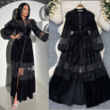 Court-Style Dress Women's French Retro Fashion Collar Pearl Single Buckle Lace Splicing Velvet Swoon Long Dress
