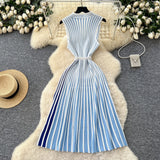 High-End Sleeveless Knitted Striped Dress Women's Summer Slanted Belt Lightly Mature Sister Temperament Long Skirt