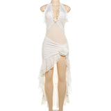 Spring 2025 Fashion Trend Women's New Hanging Neck Bare Back Body Solid Color Lotus Leaf Side Dress