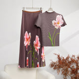 Miyaji Fashion Set Women's Summer French High-Grade Folding Print Short-Sleeved Top + Loose A Word 100-Fold Long Skirt