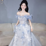 Blue Evening Dress Women's 2025 New Word-To-Shoulder Light-To-Small Day Party Adult Dress Voice Art Examination