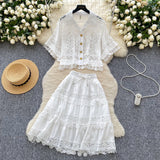 French Court Style Lace Lace Hollow Hook Short Blouse High-Waisted Lace Spliced Skirt Suit