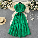 Small Design Buckle Loose Collar With Long Dress Women Summer Waist 100 Folded Shirt Collar Splicing Long Dress