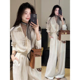 Korean 2025 Light Luxury A Complete Set Of Female White Thin Shirt Top Small Straight Tube Drag Flooring Casual Pants Set