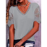 2025 Women's T-Shirt Burst Lace Splicing Loose V-Neck Short-Sleeved T-Shirt