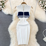 Polo Collar Striped Knitted Vest Dress Summer High-End Sensiastic Hottie Sexy Slimming Bag-Butt Dress