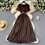 French Summer Senior Round-Neck Short-Sleeved Dress, Tie, Waist Splicing, Elegant Large Hem Length