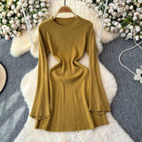 Autumn New Pure-Bround Hottie Body Long-Sleeved Knitted Dress Women Simple Round Collar Temperament Short Skirt