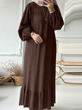 2025 Muslim Women's Robes Spring And Autumn New Fashion Bubble Sleeves Retro Pocket Hem Side Dress