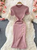 Korean Version Of The Solid Color Collar Buckle Body Short Sleeve Elastic Knitted Forked And Left-Sleeved Dress 0022
