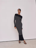 Autumn And Winter New Women's Fashion Elegant Round-Neck Dress Striped Dress Long Dress