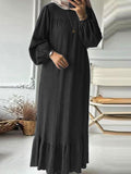 2025 Muslim Women's Robes Spring And Autumn New Fashion Bubble Sleeves Retro Pocket Hem Side Dress