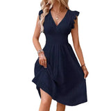 Summer New Lotus Leaf Sleeve Elegant Thin V-Neck Women's Fashion Fashion Hollow Dress Dress Women