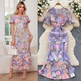 French High-End Elegant Heavy Industry Flower Embroidery Round Collar Lantern Sleeves To Close The Waist Slim Slimmed Fishtail Dress Dress