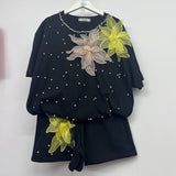 Fashion Set European Dress Design Butterfly Set Drill Short Sleeve T-Shirt Blouse Woman + Tight Waist Broad Leg Shorts Two Sets