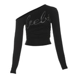 2025 Winter Fashion Trend Women's New Personality Hottie Slant Shoulder Repair Letter Hot Umbilical Umbilical Clad Tops