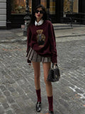 Round-Neck New Women's Bear Embroidered Retro Body Sweater College Style Knitted Shirt Top