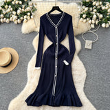High-Level Small-Sized Famous Woman Hit The Color V-Neck Long Sleeve Single Buckle Waist Knitted Dress Women With Fish Tail