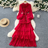 French Dress Women 2025 New High-End Lace To Receive Waist Lantern Sleeves Side Long Dress Dress