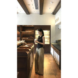 Korean Sexy Babes POLO Necked Striped Slings With Casual Trousers Two-Piece Suit Ins