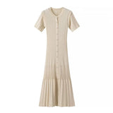 Women's Clothing Exploding Fashion Simple Solid Color Button Short Sleeves Knitted Dress
