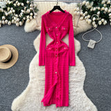 French Small Fragrant Style High-Level Sense V-Neck Metal Buckle Waist Knitted Dress Women Autumn Body Fork Long Dress