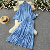 Age-Relay Suit Female Senior Sleeve Lace Splicing Lantern Long-Sleeved Shirt + High Waist Slim Swing Skirt