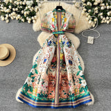 Vintage Court-Styled Dress Women Cross V-Neck Lace Blisters Long Dress