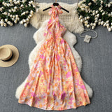Sexy Hollow Hanging Neck Sling Dress Female Pure Lust Atmosphere Feel Waist Thin Temperament Super Fairy Holiday Floral Dress