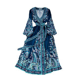 Vintage Court Lantern Long Sleeve V-Neck Belt With A Word Print Dress Elegant Swing Dress Long