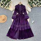 Court-Style Dress Women's French Retro Fashion Collar Pearl Single Buckle Lace Splicing Velvet Swoon Long Dress