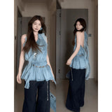 Real Price Summer Two Sets Of Women 2025 Summer Lotus Leaf Side Leakage Shoulder Straight Leisure Trousers Set Summer
