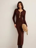 2025 New Women's Dress French Retro Solid Color V-Neck Long-Sleeved Bag Hip Knitted Dress