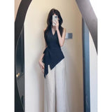 Korean Commuting Wearing A V-Tie Tie With A Waist Design Sleeveless Top High-Waisted Broad-Legged Trousers