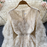 Gentle Style Femininity Waist Thin Knee Long Sleeve First Love Dress A Elegant Temperament V-Neck Lace Dress