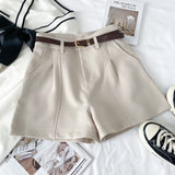 Stylish Pure Color High-Rise Thin Suit Shorts Wide Leg Pants With Belt Woman 2025 Summer
