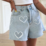 Sweet And Cute Hairy Heart Pattern Denim Shorts Women's Summer New High-Waisted Loose Thin Leg Shorts
