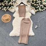 Hong Kong Style Retro Hottie Suit Women's Summer Short Vest Top With High Waist Half Skirt Knit Two Sets