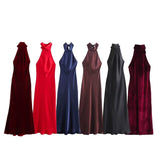 Women's Clothing 2025 Spring Festive Dress Hanging Neck Collar Silk Texture Dew Back Dress