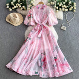 Court-Style Retro-Print Collar Bubble-Sleeved Dress Women's Summer Straps To The Waists To Show A Thin Swollen Dress