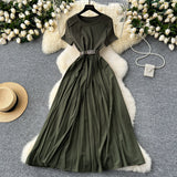 French Summer Senior Round-Neck Short-Sleeved Dress, Tie, Waist Splicing, Elegant Large Hem Length
