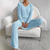 Two Sets Of Women 2025 Autumn New Fashion Casual Straight Pants Temperament Loose V Collar Pit Knitting Sleeve