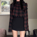 Design A Small Plaid Ribbon With Long-Sleeved Shirt Female High-Waisted Temperamental And Hip Short Skirt Two Sets