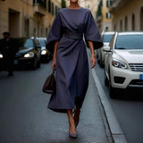 2025 Women's Fashion Temperament Elegant Solid Color Waist Dress Casual Bat Sleeve Dress